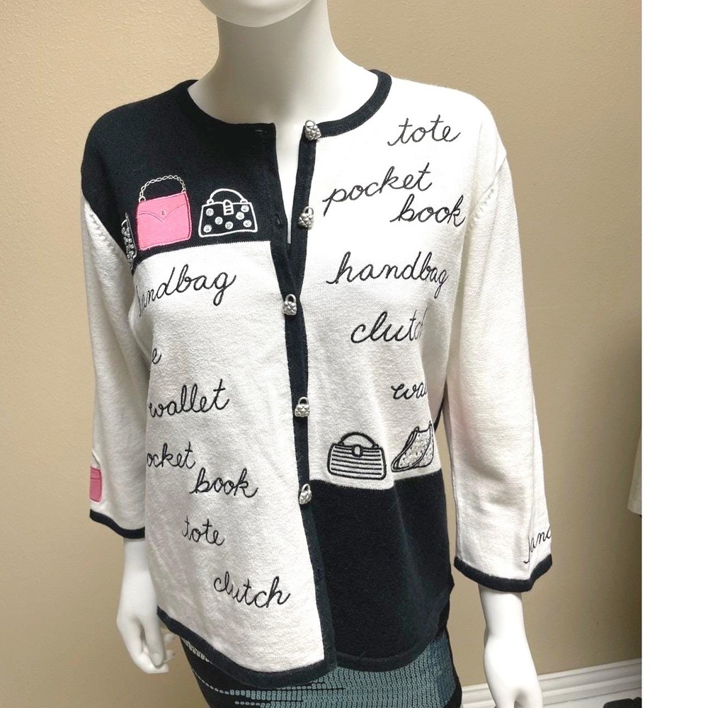 80s Vintage Black White Sweater Cardigan Embellished Beaded Embroidered Size M